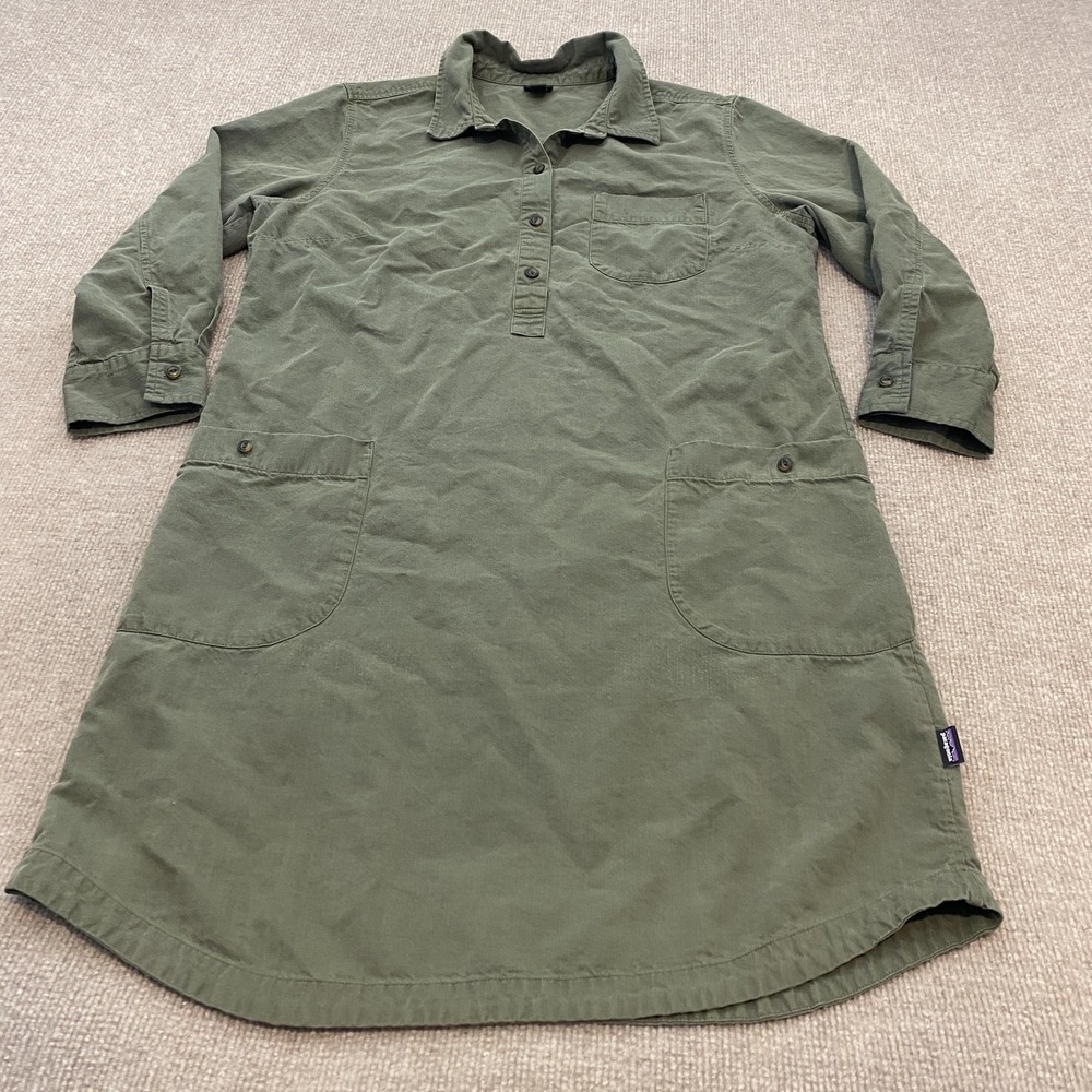 Patagonia Shirt Dress Womens Large Green Cotton Tencel Linen Pockets STY59110